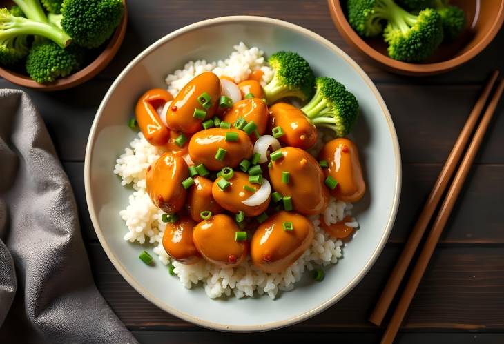 Tsos Chicken and Rice with Broccoli on the Table